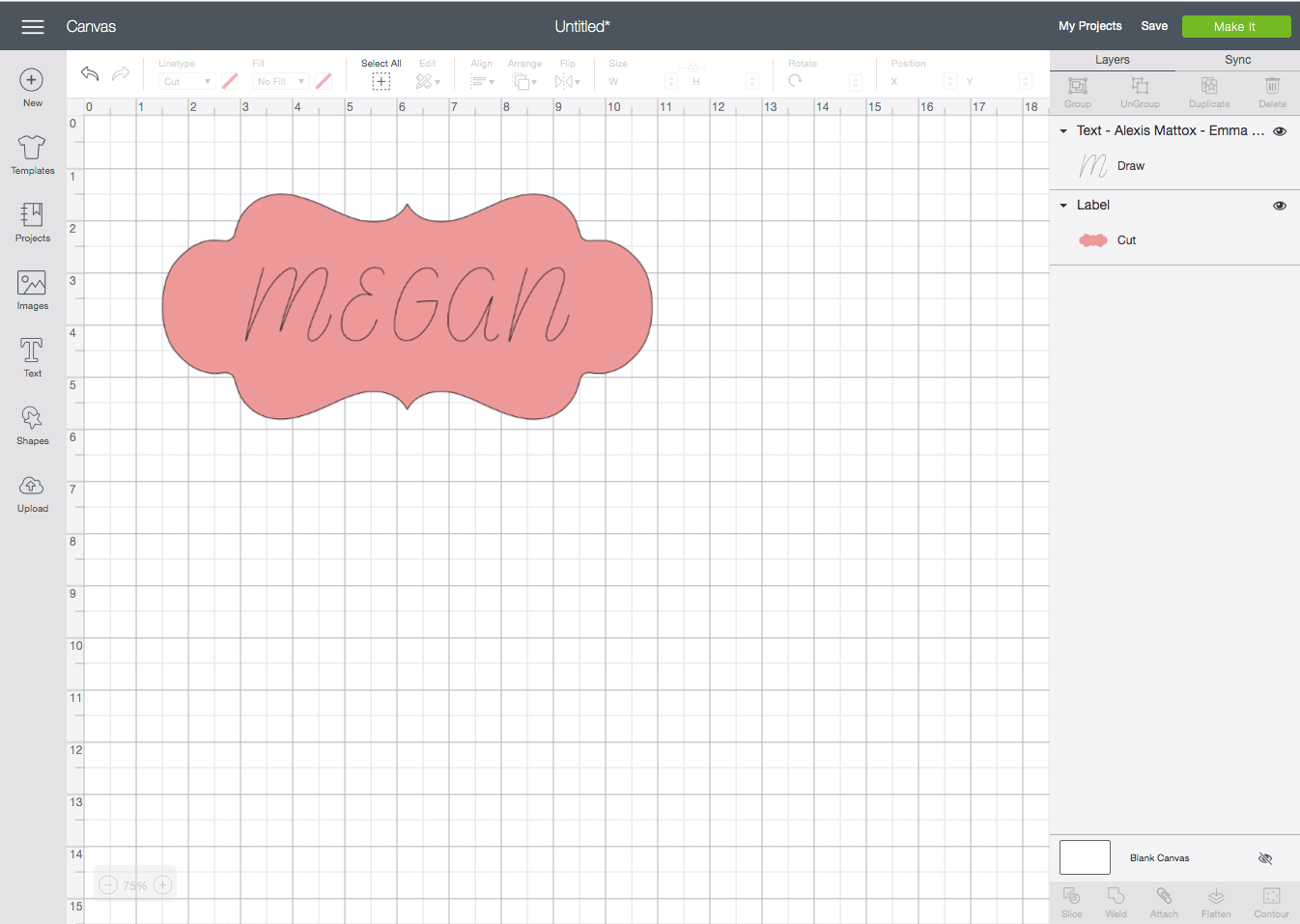screenshot of the cricut design studio interface. The name "megan" it typed on top of a red badge shape.