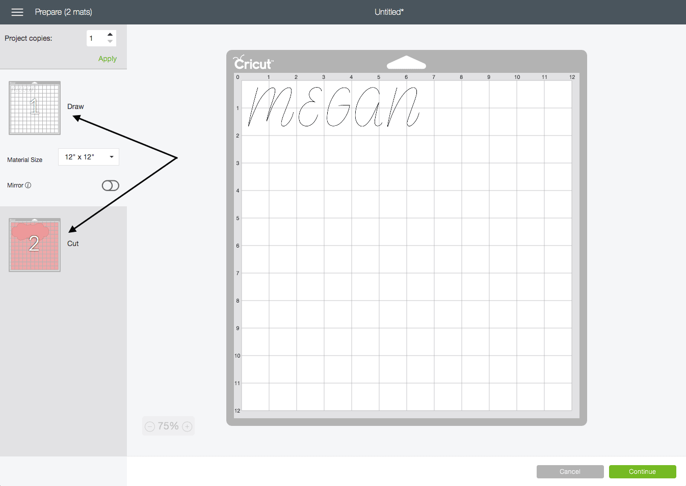 screenshot of the cricut design studio interface. The name "megan" it typed on the design canvas.