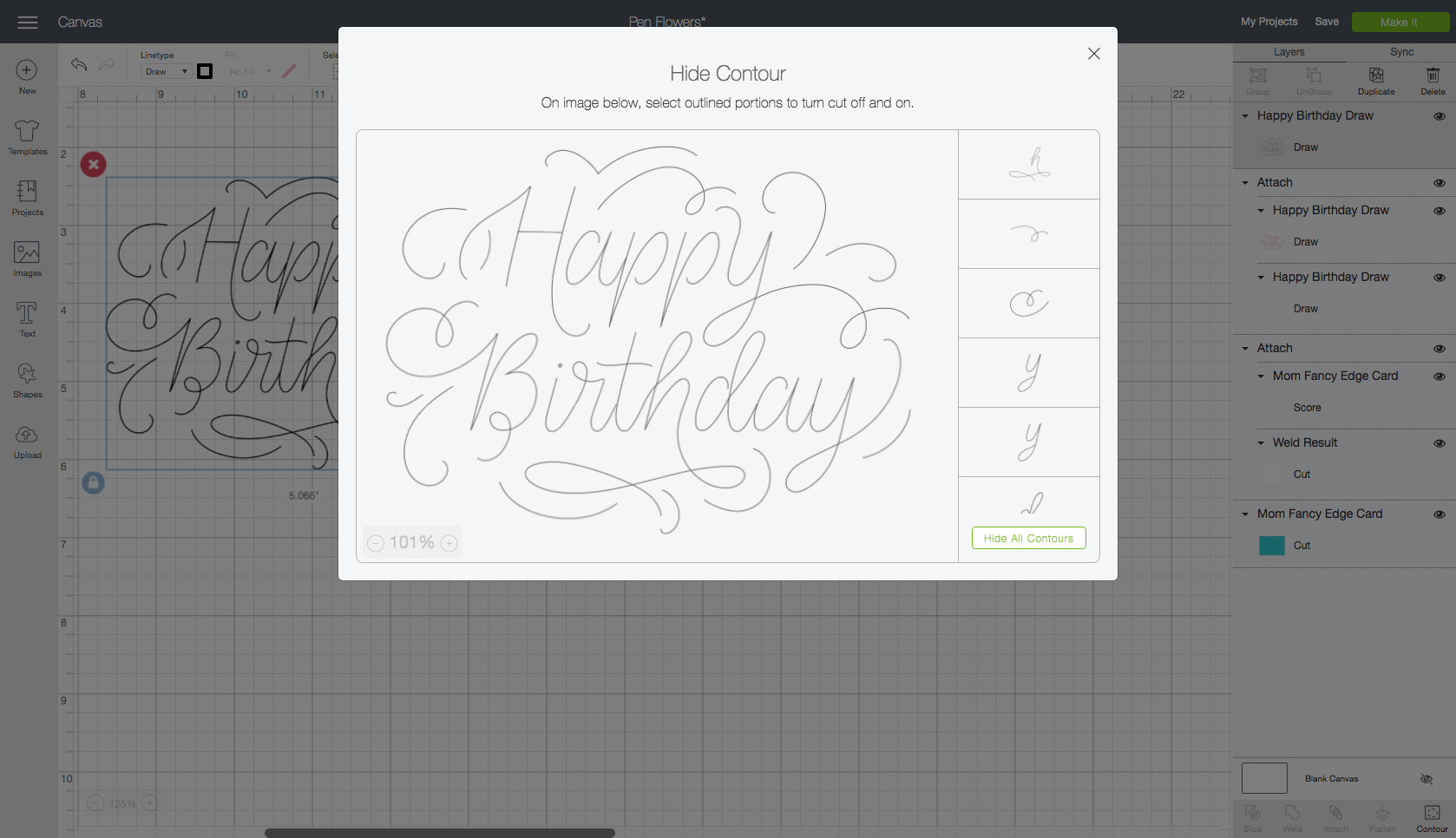 screenshot of the cricut design studio interface. The words "happy birthday" are shown
