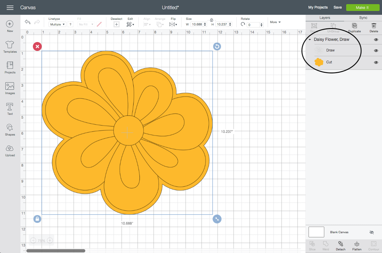 screenshot of the cricut design studio interface. A yellow Flower with linetype designs is shown.