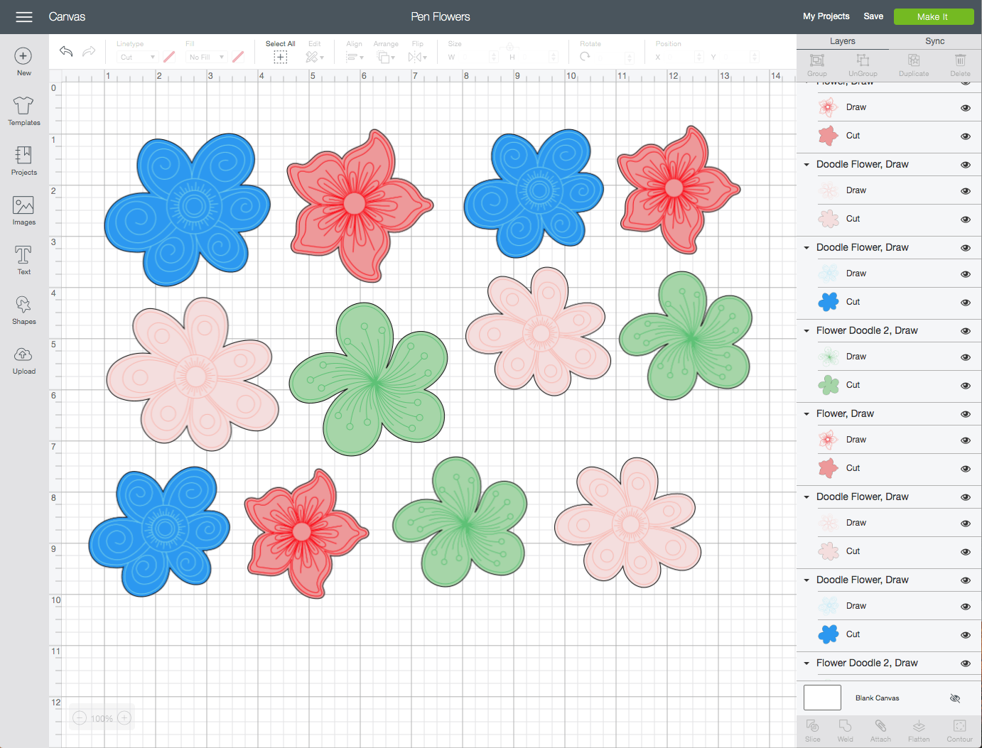 screenshot of the cricut design studio interface. There are multiple flower shapes with linetype designs shown.