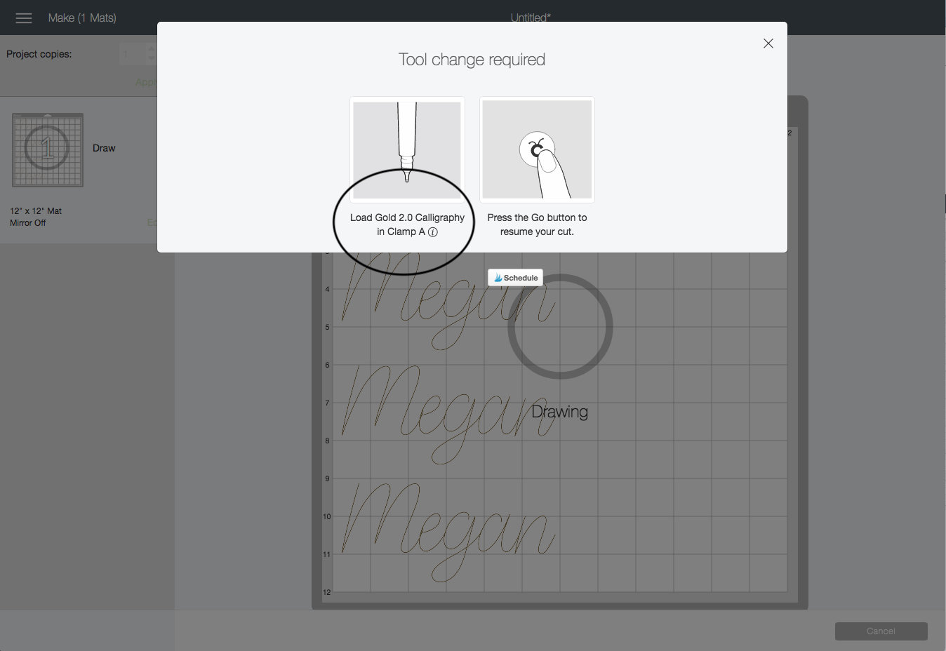 screenshot of the cricut design studio showing you how the cricut machine will prompt you to change a pen when it's time for a new color