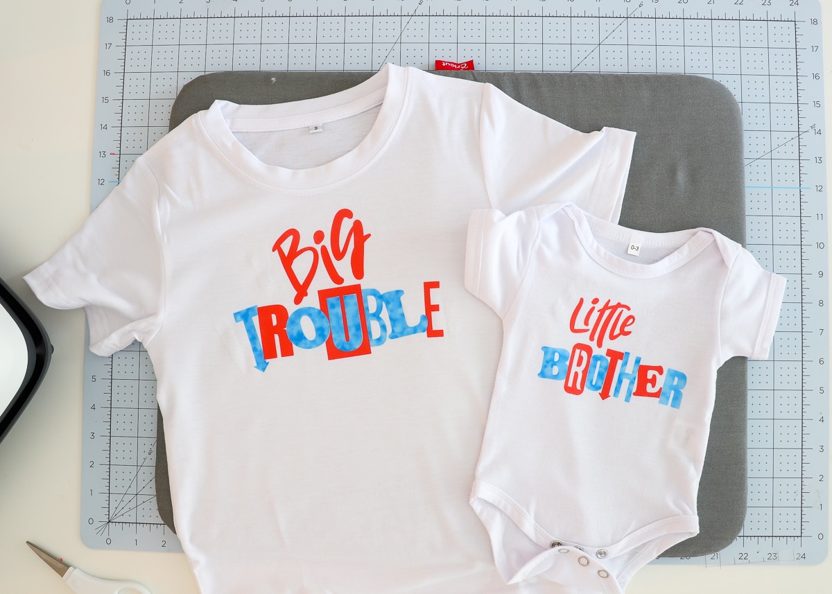 Shirt designs made with red and blue Infusible Ink Transfer Sheets