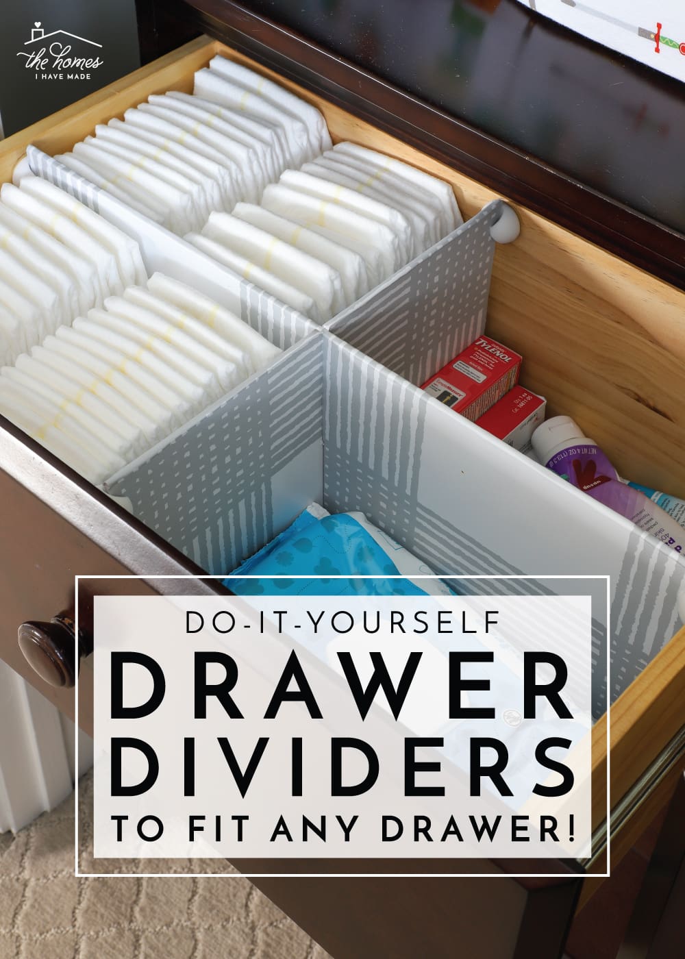 Drawer dividers organize nursery items with text overlay
