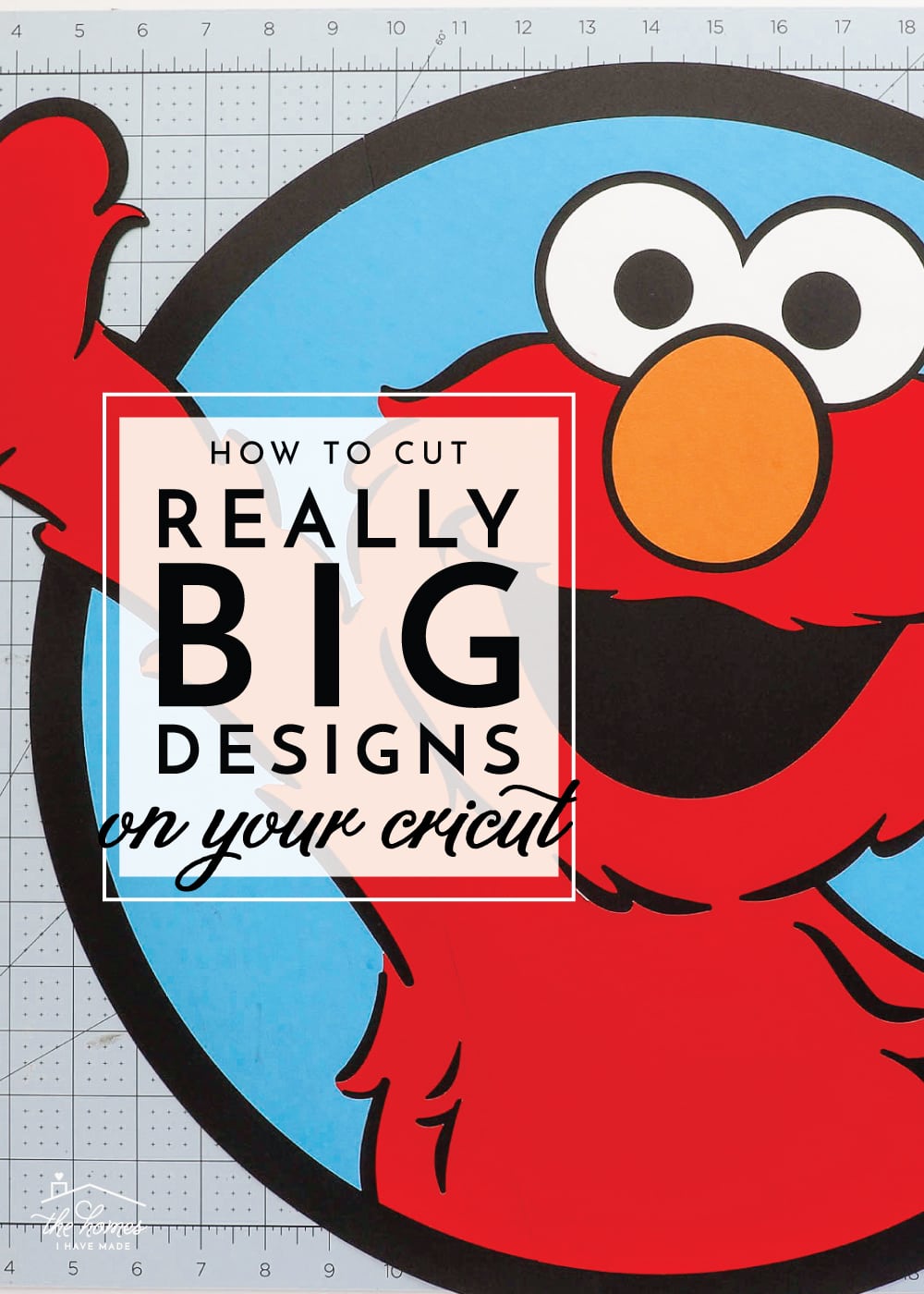 Elmo character over a Cricut cutting mat with text overlay
