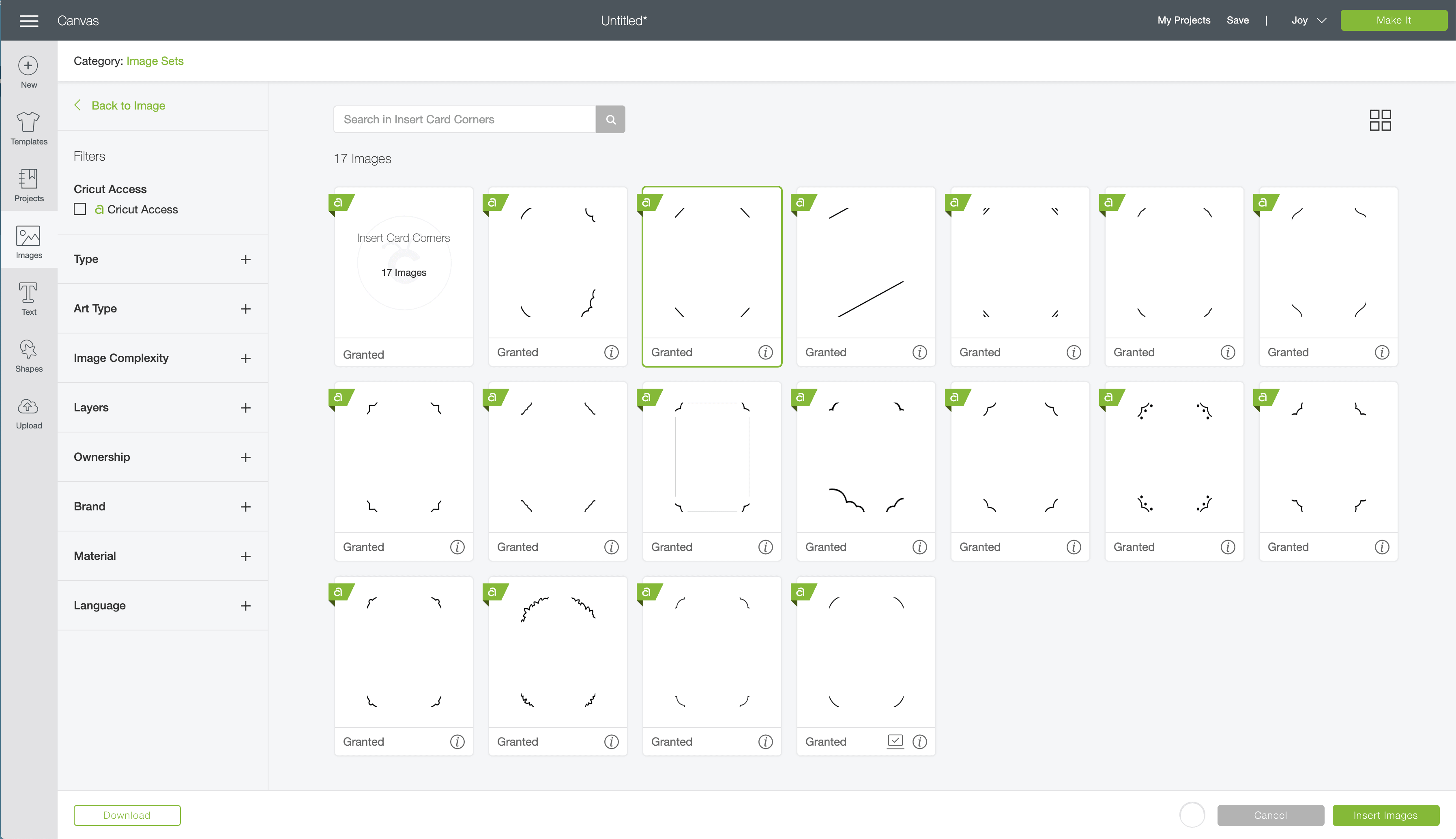 A desktop view of the Cricut design space showing how to insert card corners