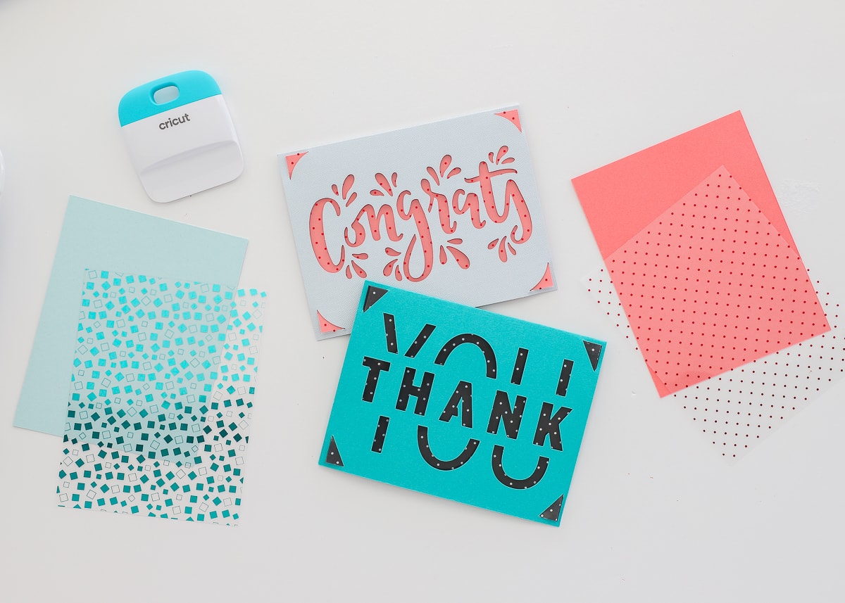 Cricut Joy insert cards are layered to create designs on a card