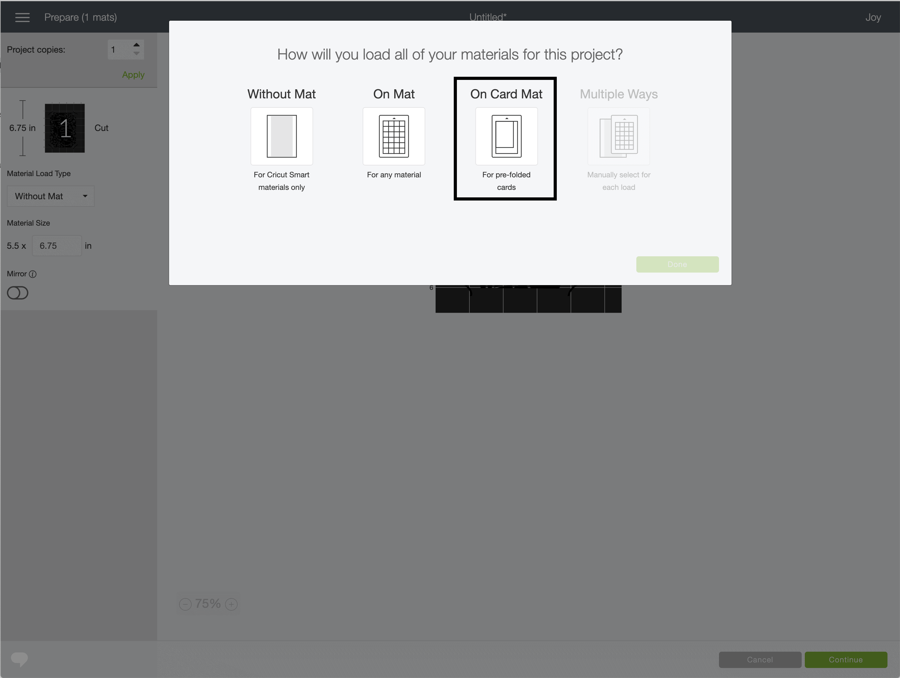 A desktop view of the Cricut design space showing mat selection options