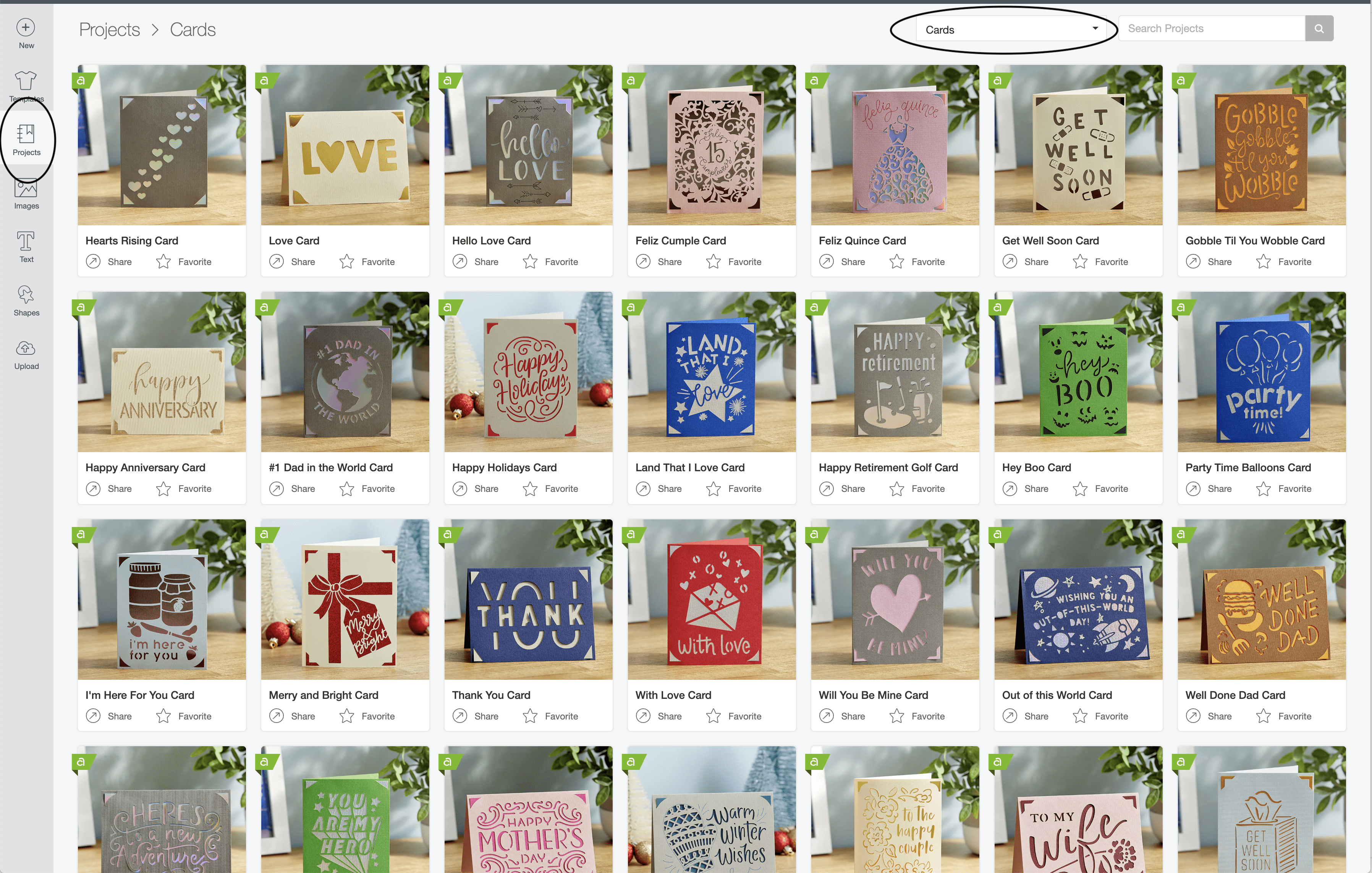 Cricut design space featuring several different card designs