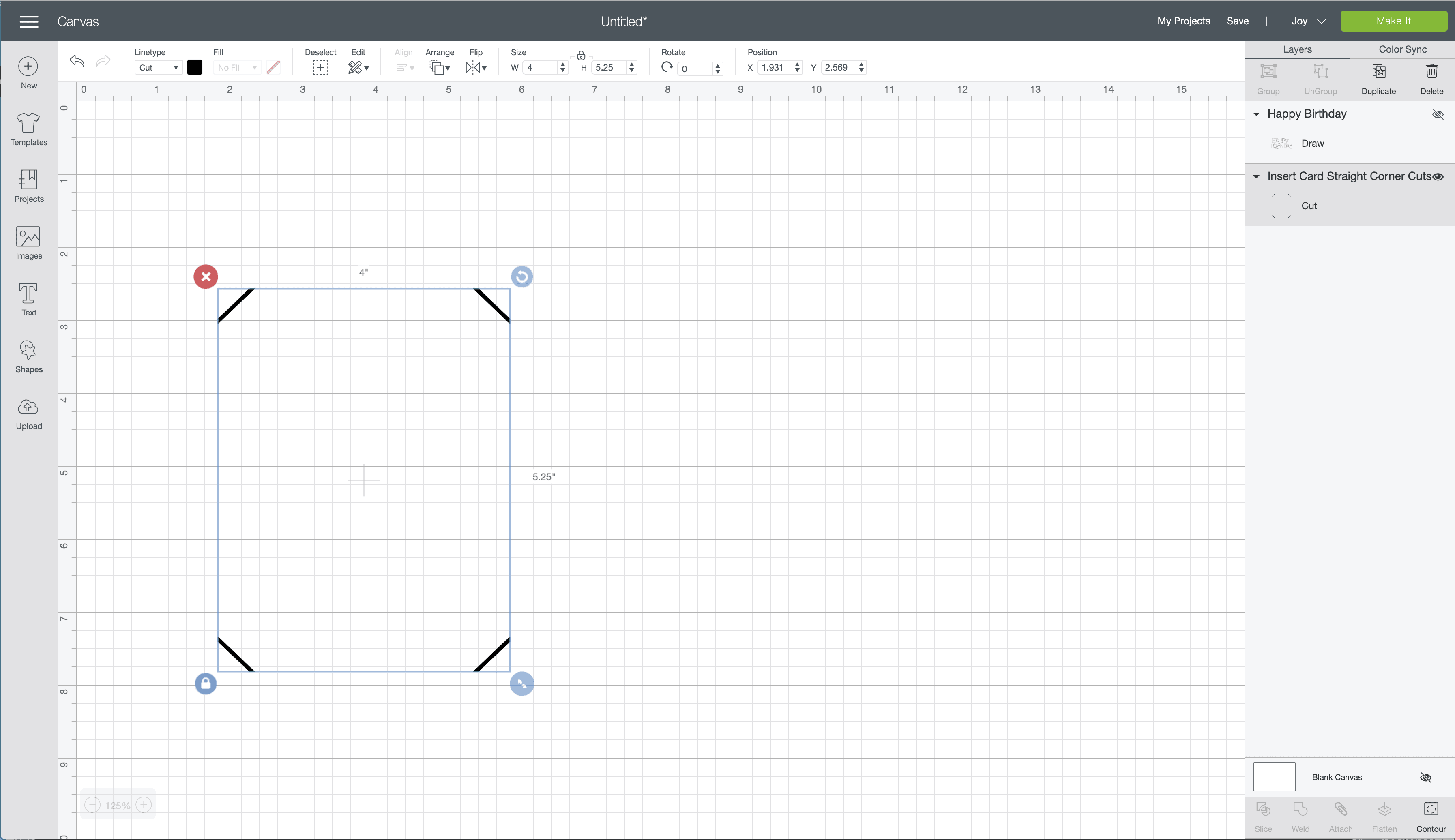 A desktop view of the Cricut design space showing a 4 inch wide card graph