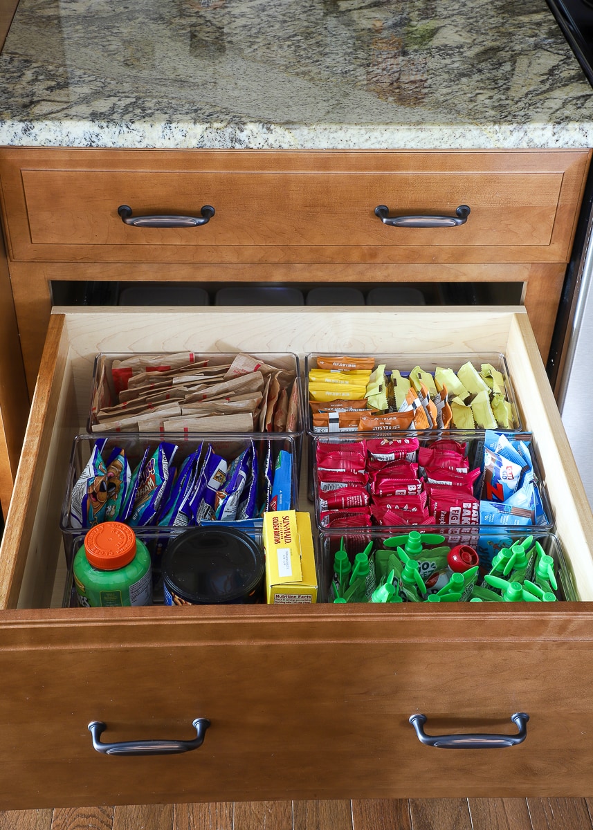 pantry items organized in a kitchen drawer