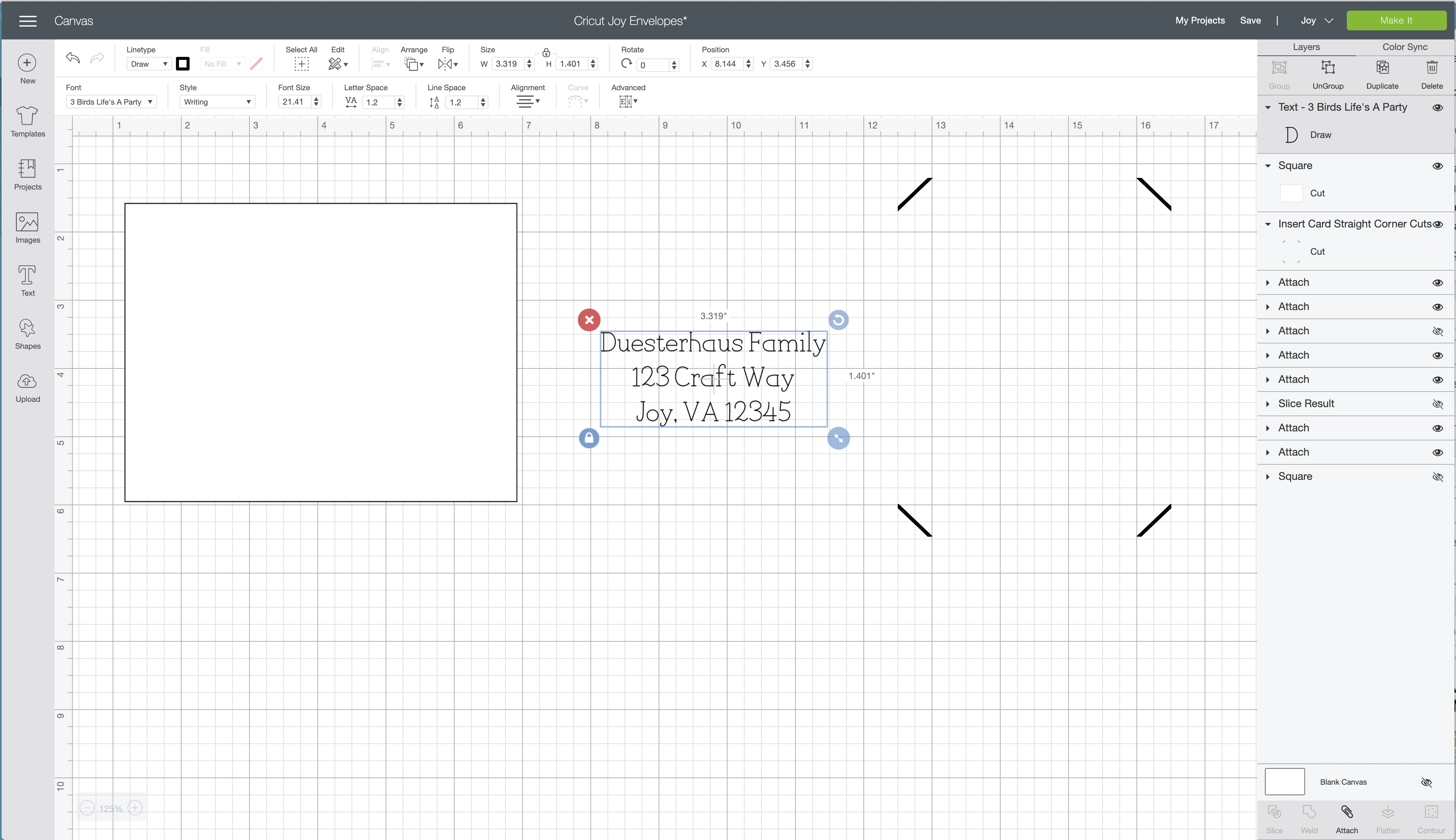 a text box and a typed out mailing address shown in the Cricut Design Space