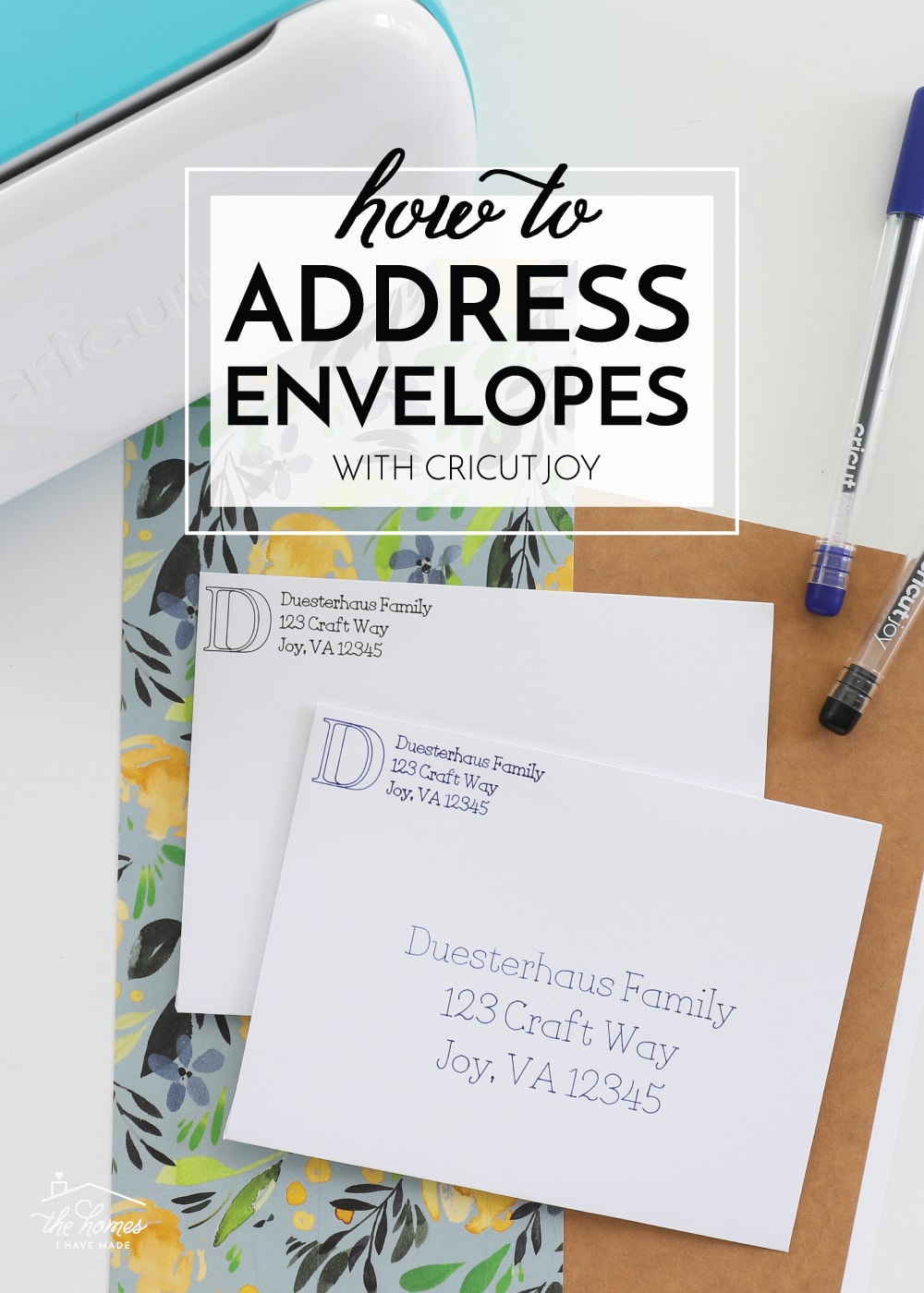 Addressed envelopes, a Cricut Joy machine, and craft supplies with text overlay
