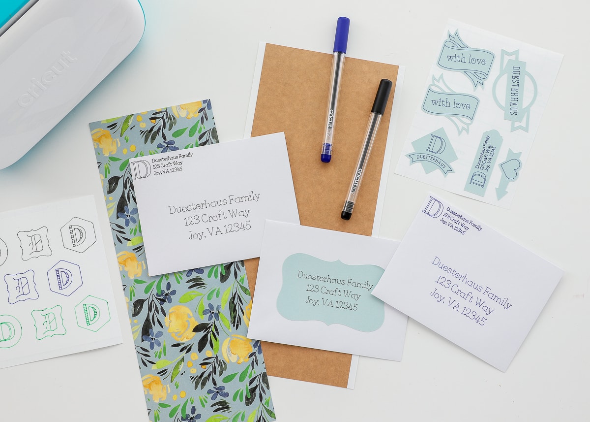 Envelopes addressed using Cricut Joy labels and pens 