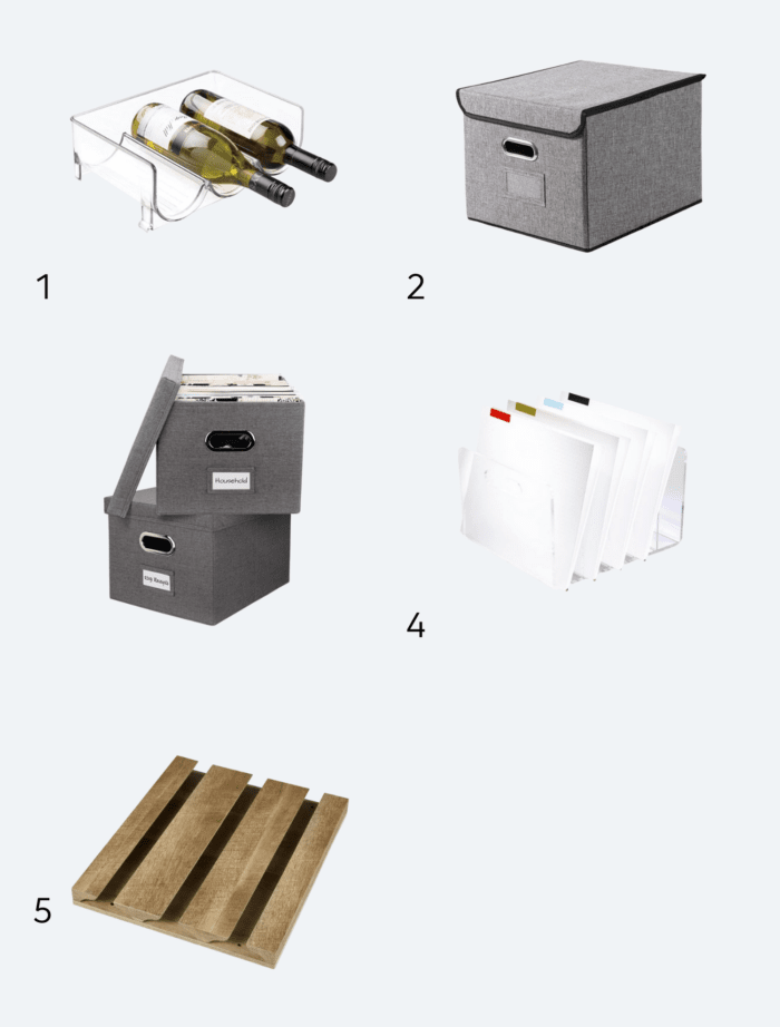 Collage of IKEA Kallax inserts for wine and files