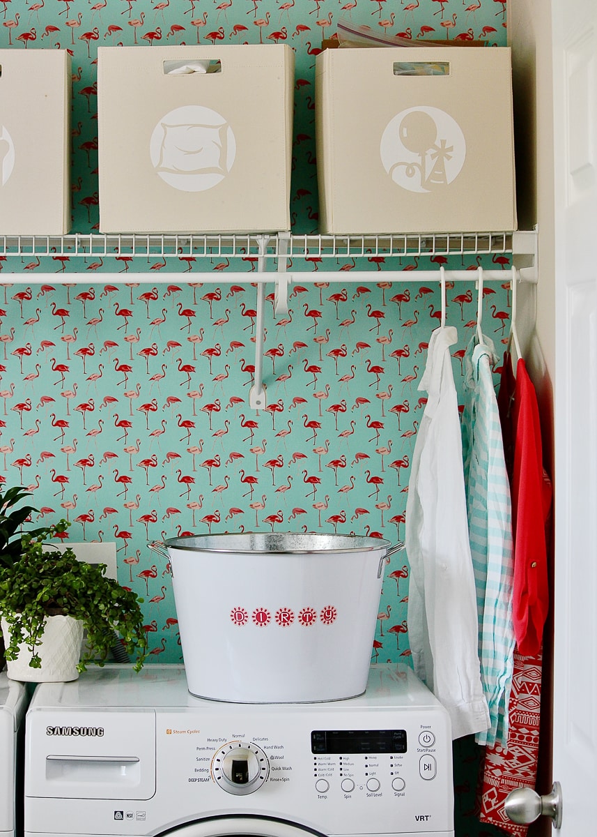 Flamingo wrapping paper hung as wallpaper on rental walls