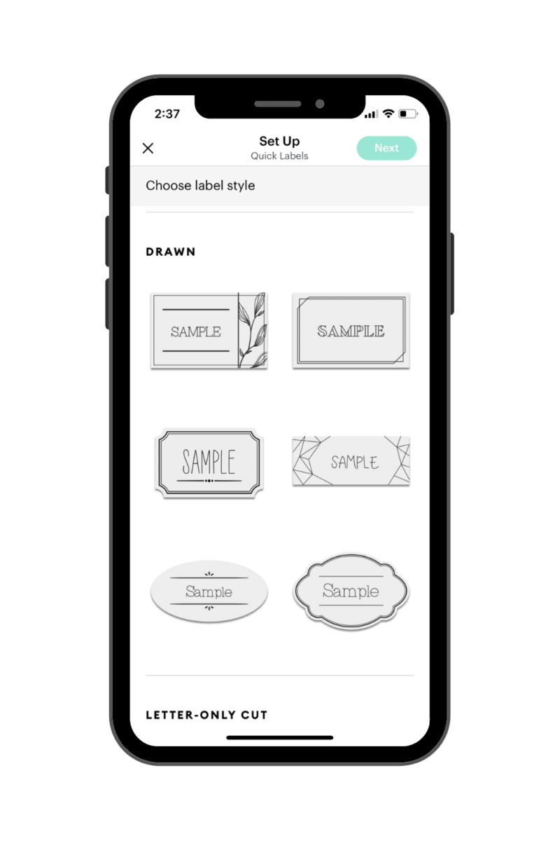Cricut Joy App Screenshot | Label Selection