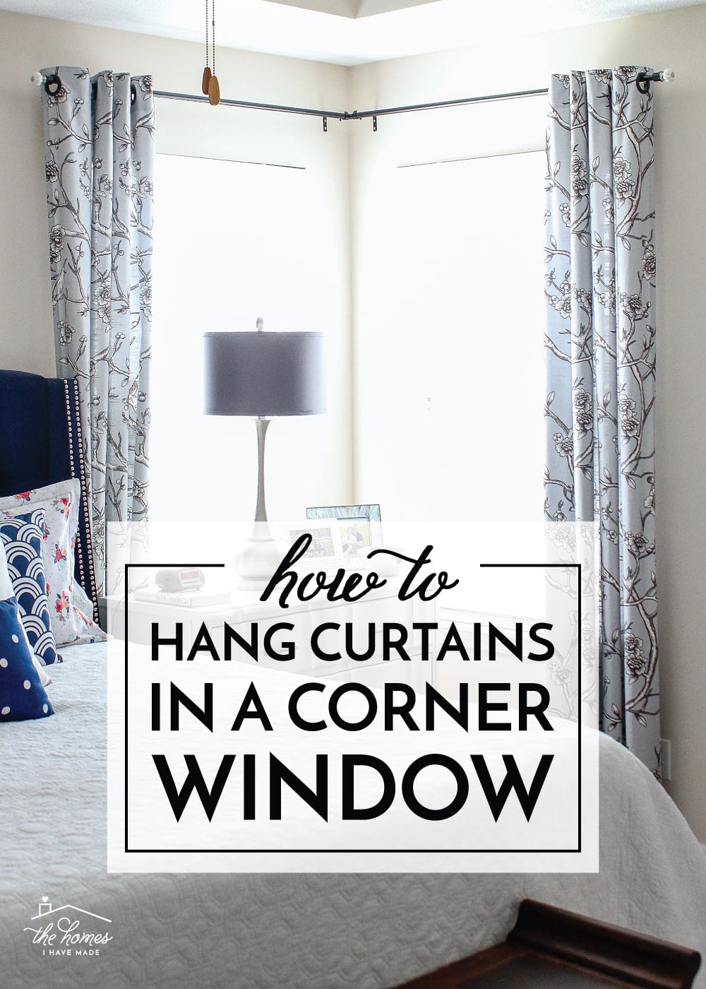 A corner window with curtains in a master bedroom and text overlay