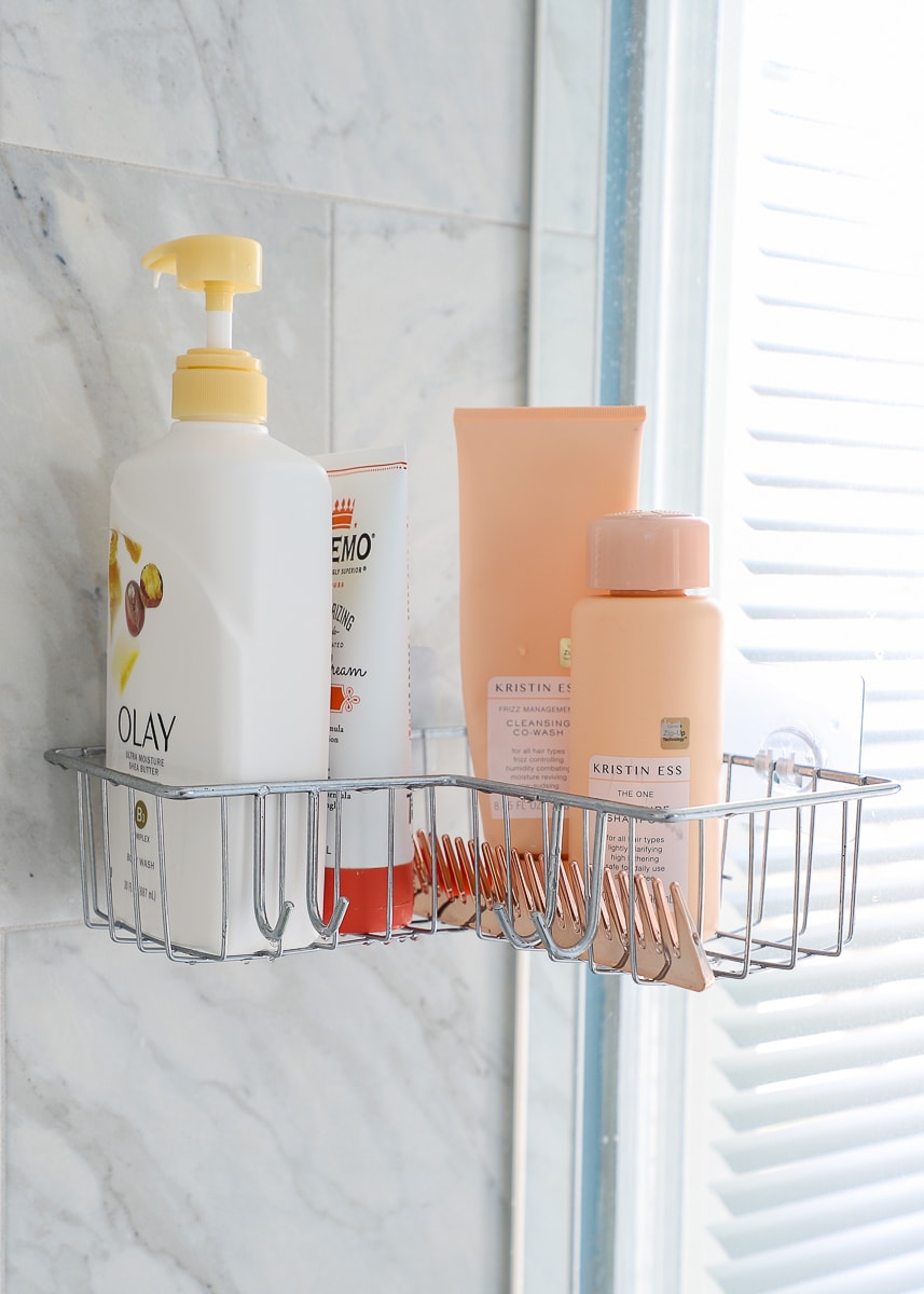 A corner shower basket with shower products
