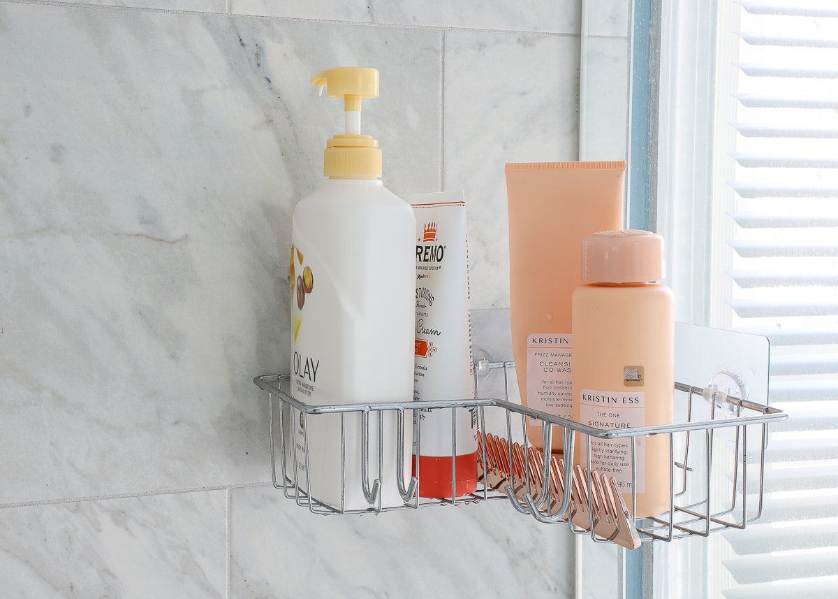 A corner shower basket with shower products