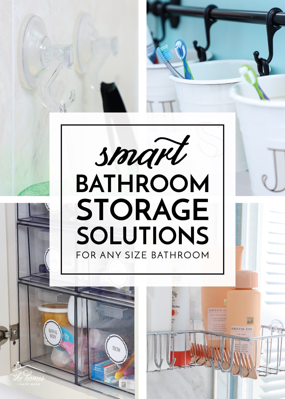 A gallery of 4 images with various bathroom storage ideas and text overlay