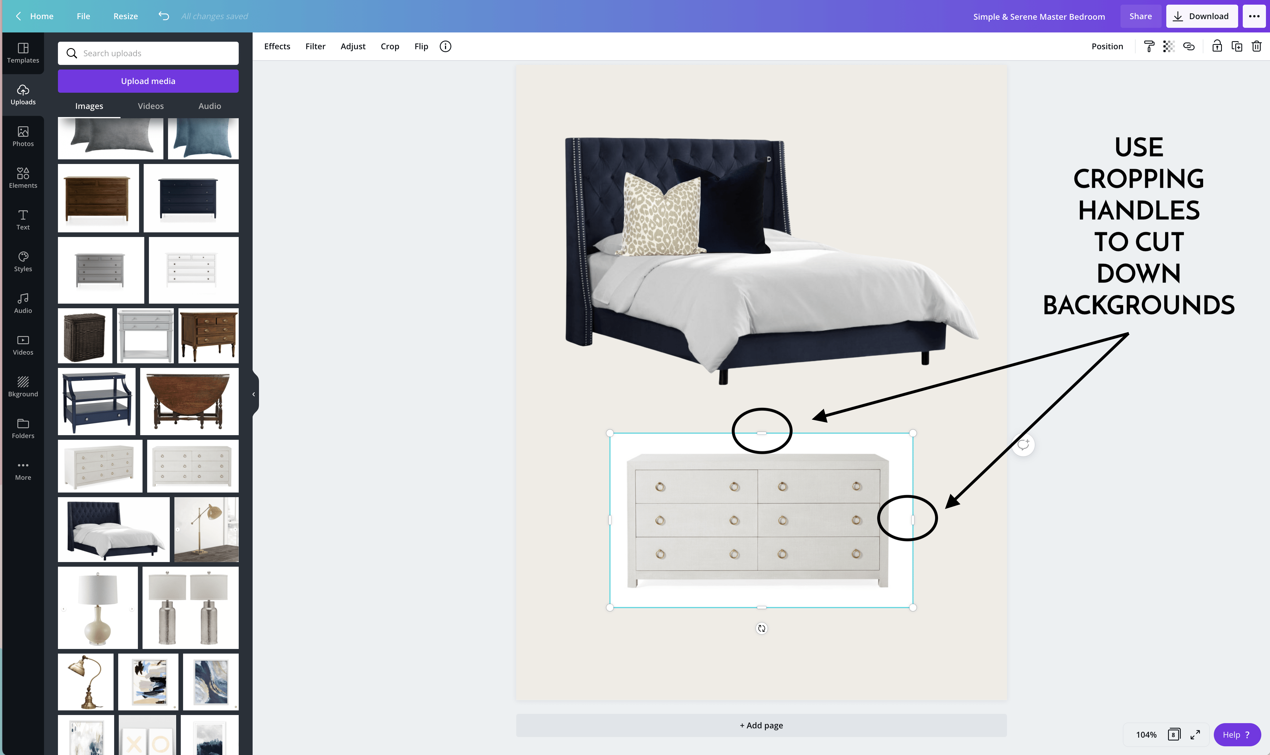 A screen view of Canva Pro showing how to use cropping handles to cut down image backgrounds