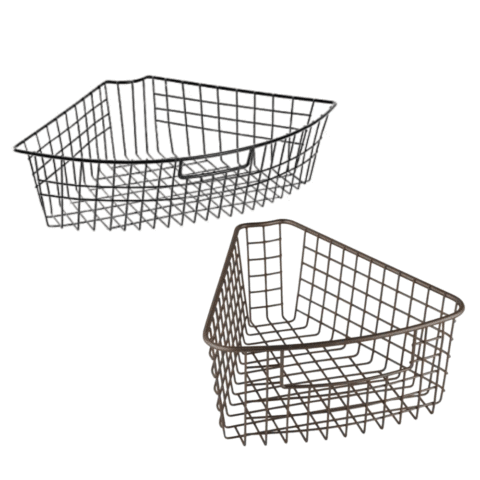 2 wire storage bins that are wedge-shaped