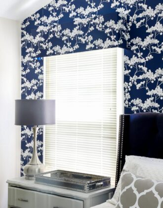 this simple blue window valance is made with foam board and wallpaper