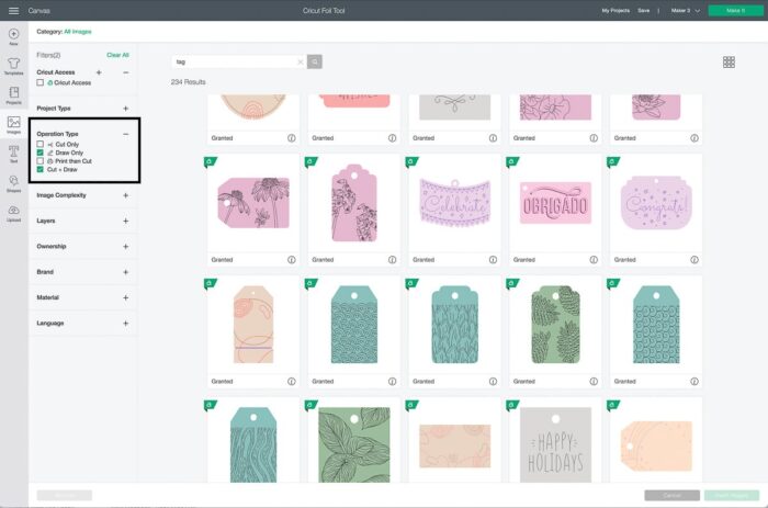 Cricut Design Space Screenshot of selecting good foil designs