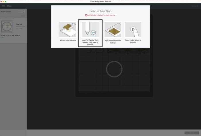 Cricut Design Space Screenshot of changing Cricut Foil Tool