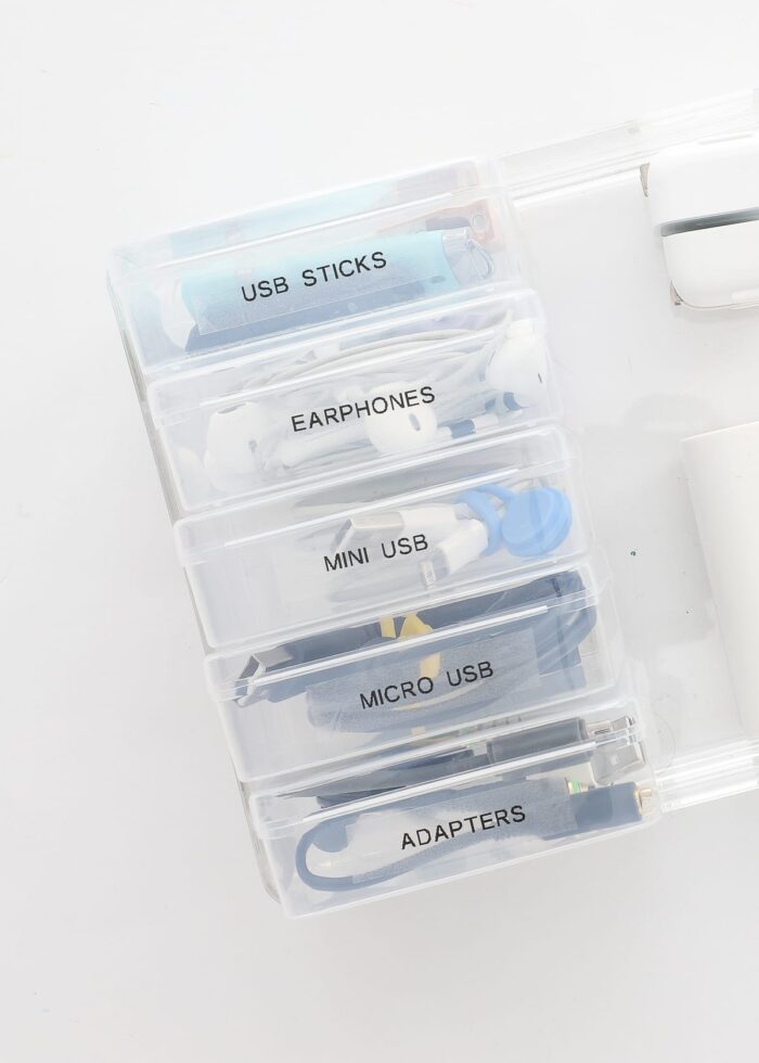 Cords wound and organized in small plastic boxes