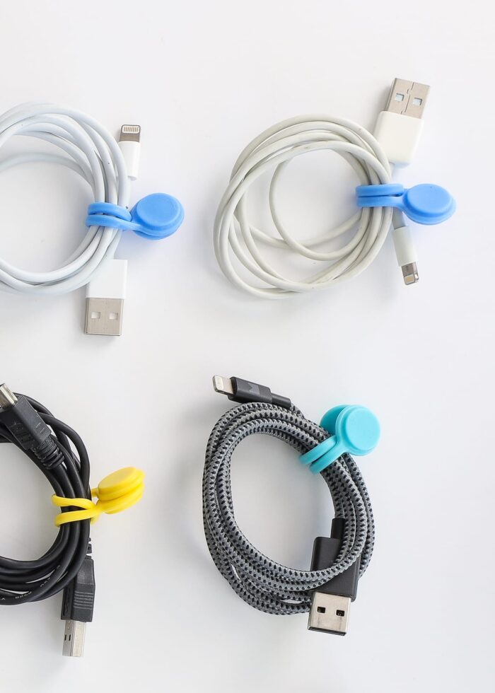 Cords organized with magnetic cord ties