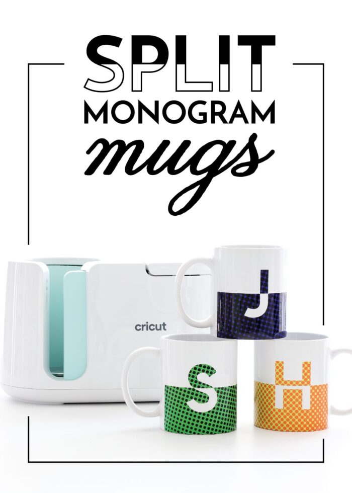 Split monogram mugs in blue, green and orange