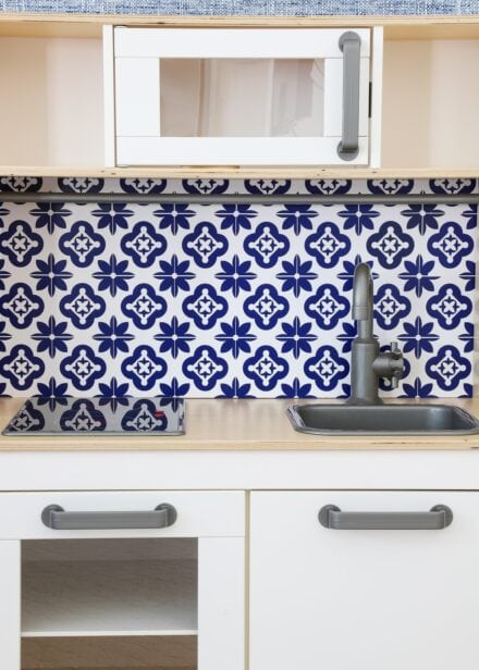 Navy Tile Backsplash on an IKEA DUKTIG Play Kitchen