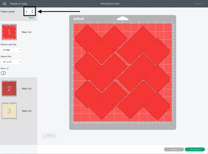 Screenshot of Cricut Design Space cut screen with red mat.