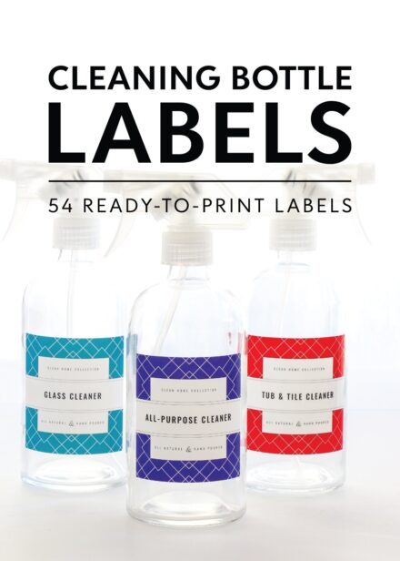 Glass cleaning spray bottles with red, blue, and turquoise printable cleaning labels.