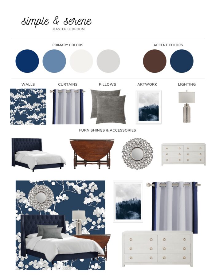 Design Board full of navy, white, and wooden home decor.