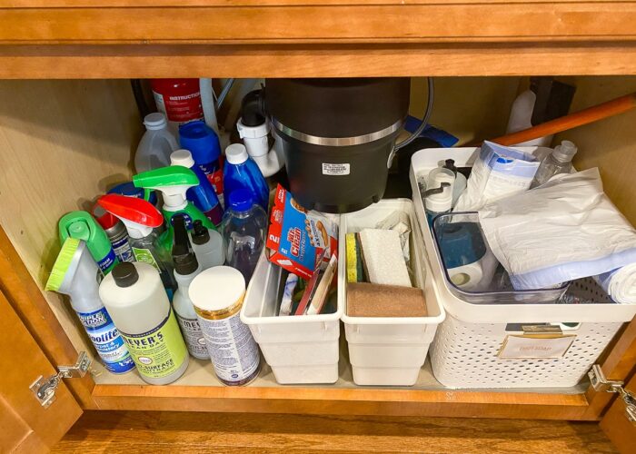 Cluttered cleaning supplies in the cabinet under the kitchen sink.