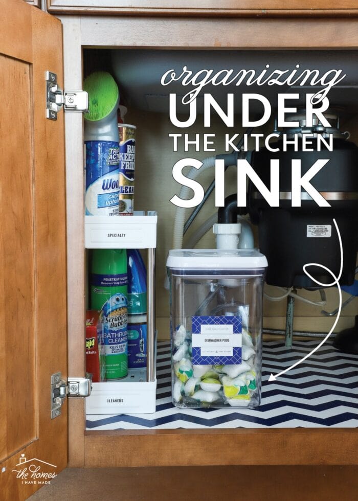 Organized cleaning supplies in the cabinet under the kitchen sink.