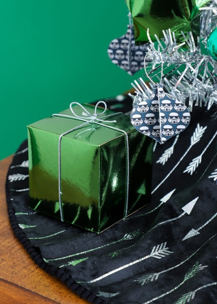 Miniature Christmas presents in green.