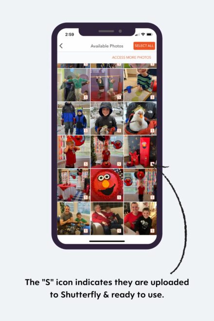 Cellphone mockup of using Shutterfly app to create family photo book.