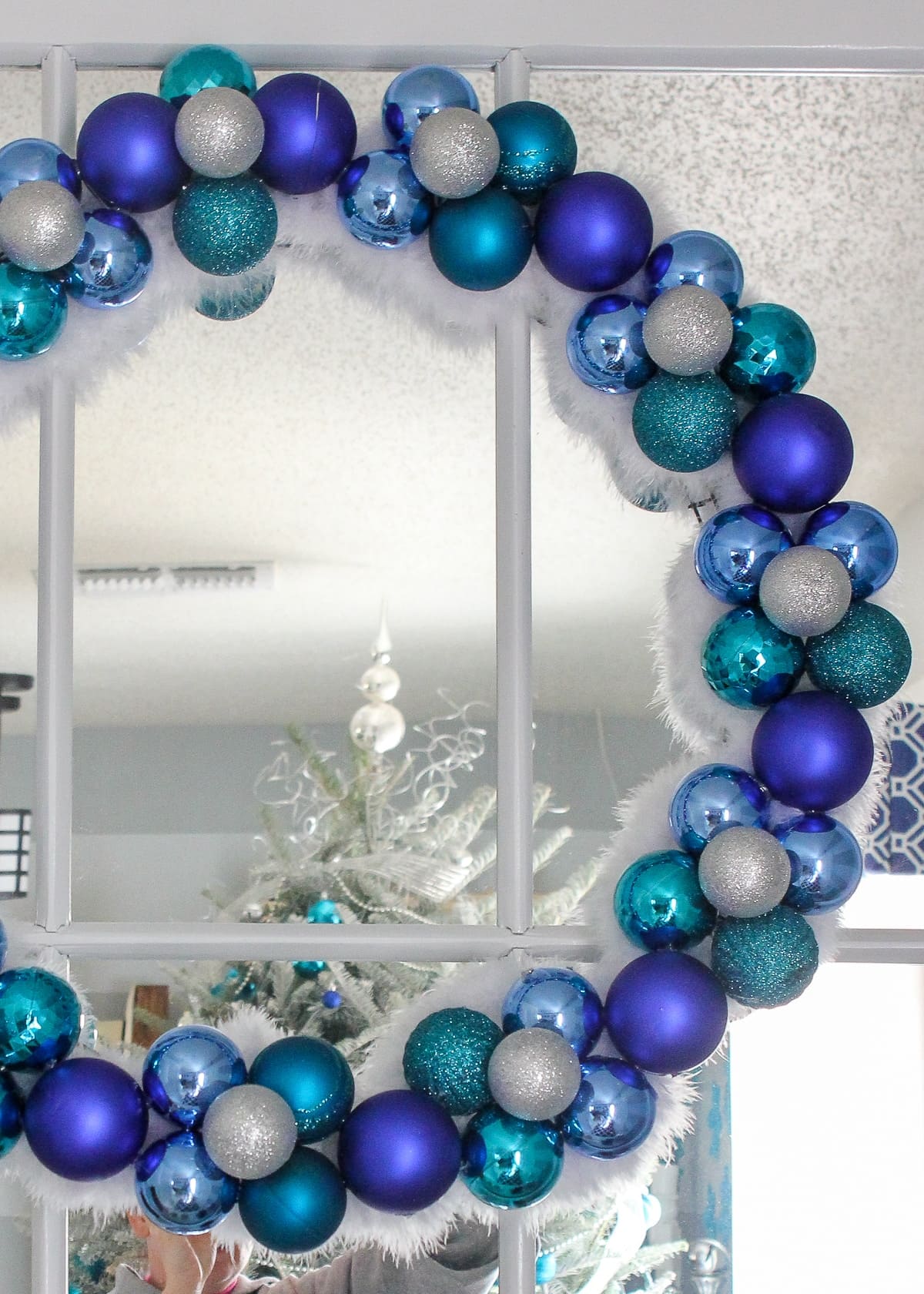 Turquoise, royal blue, and white ornament wreath
