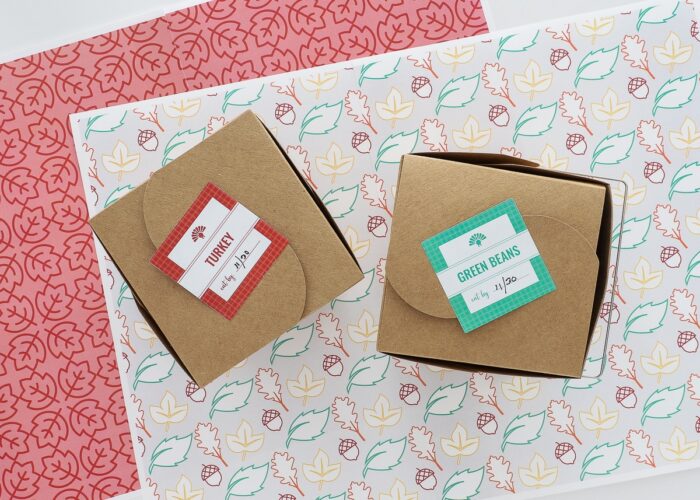 Thanksgiving Leftovers Labels printed onto Avery sticker sheets on brown cardboard boxes.