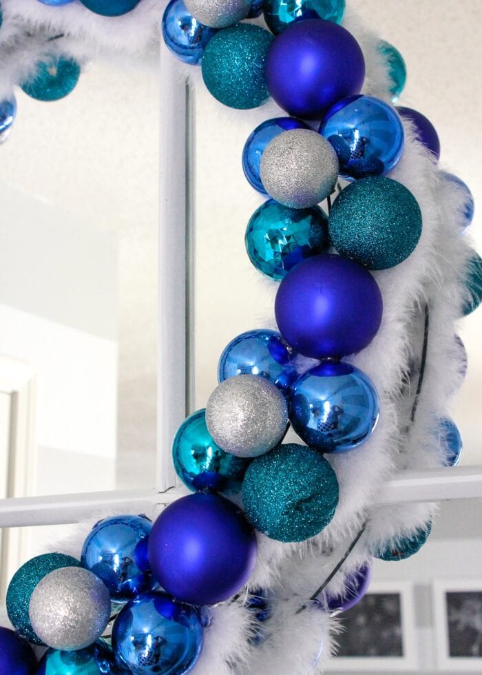 Blue, white and turquoise Christmas ornaments wreath.
