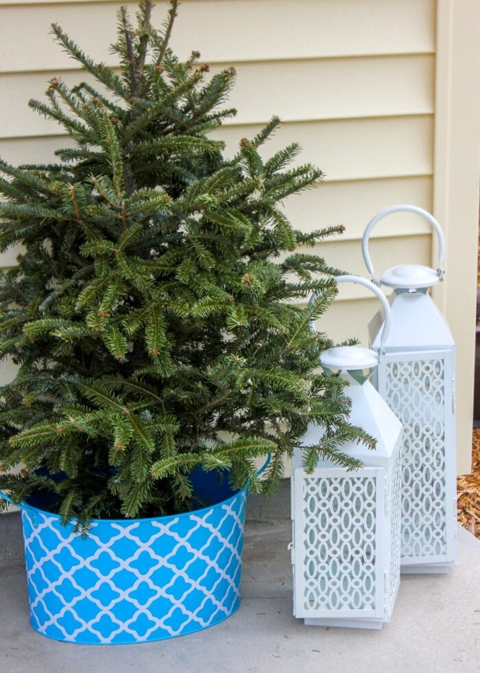 Mini Christmas tree in a turquoise bucket with white lanterns.