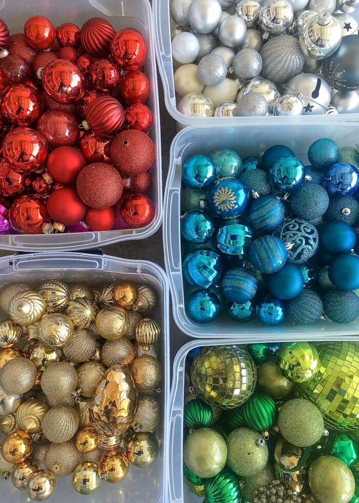 Christmas ornaments organized by color
