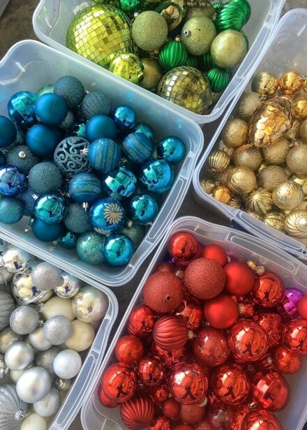 Christmas ornaments organized by color