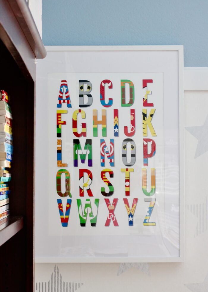 Super Hero Alphabet Print in white frame