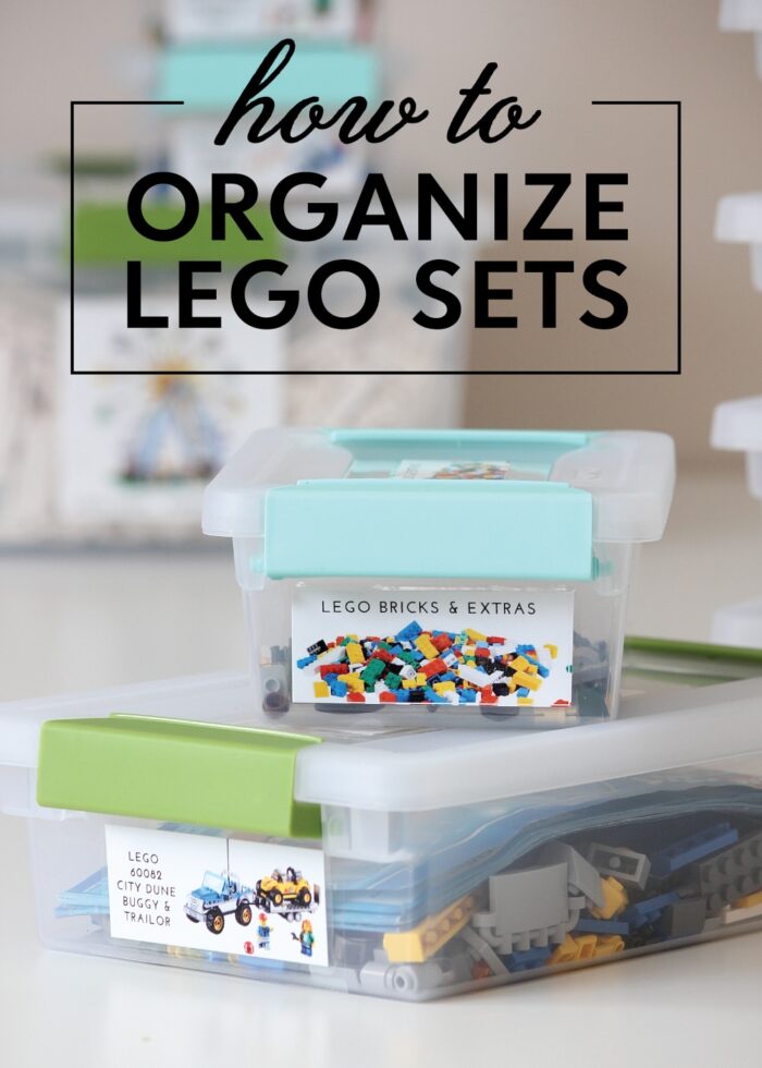 LEGO sets organized into clear plastic containers