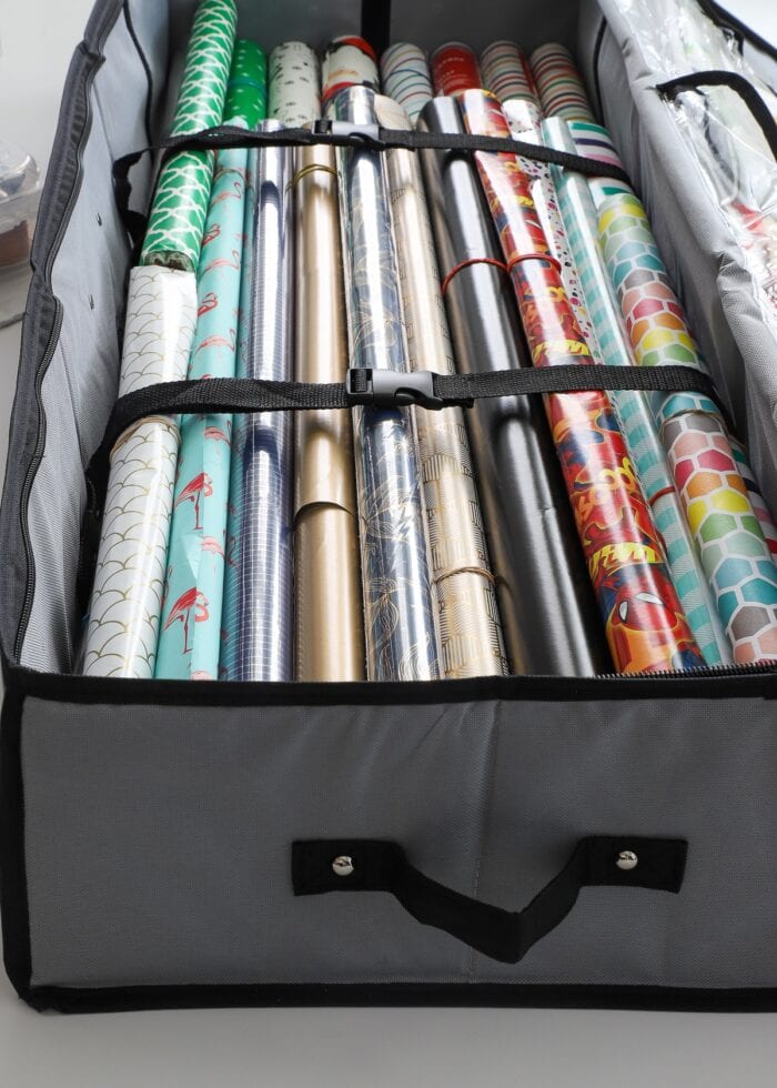 Wrapping paper stored in grey tote